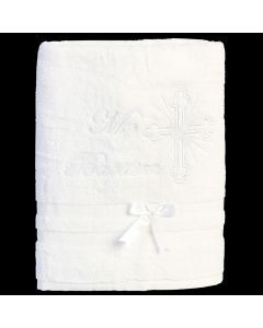 B-100 - Christening Towel with White Embroidered Cross & Dove