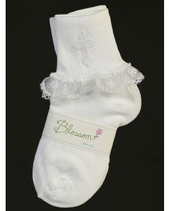 Girls Christening Socks with Embroidered Cross Lace Trim