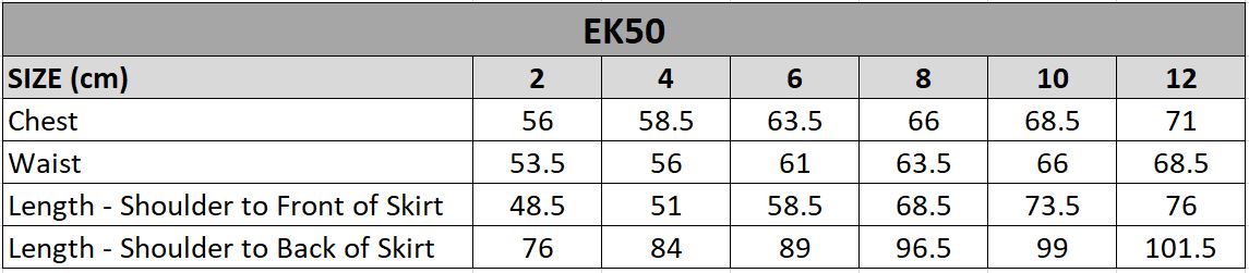 EK50 Size chart