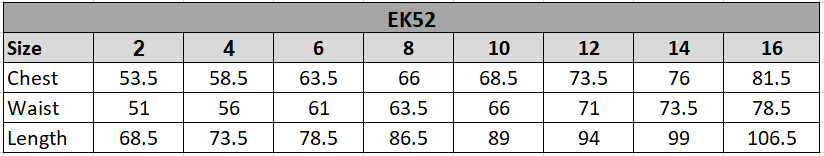 EK52 Size chart