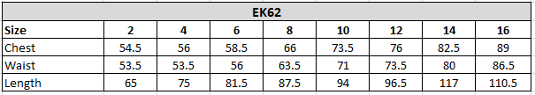 EK62 Size chart